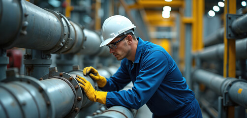 Worker inspects pipeline at plant. Engineer in hard hat, glasses checks pressure on pipes. Man controls operation of gas, oil production system in refinery indoors.