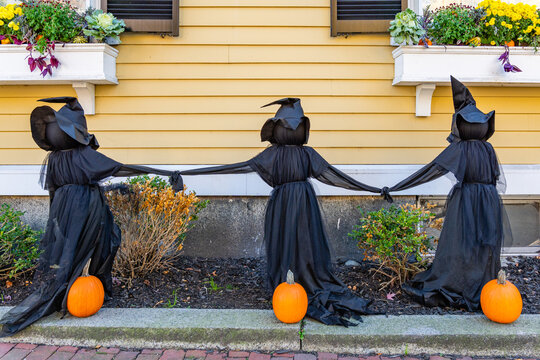 Salem, MA, US-October 15, 2025: Halloween decorations at the annual Haunted Happenings event held during the month of October in celebration of the town's history of witch trials.