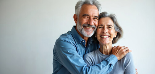 Happy senior couple embraces, laughing warmly against a plain background. Their joy and love are evident, symbolizing a strong, enduring relationship and shared life moments.