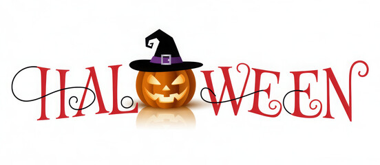 Halloween text design with pumpkin wearing a witch hat festive decoration for holiday celebration isolated on white background