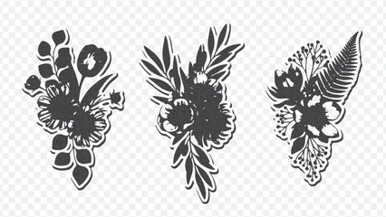 Three distinct black floral designs with leaves and blooms, featuring intricate line art, symmetrical patterns, and elegant detailing.