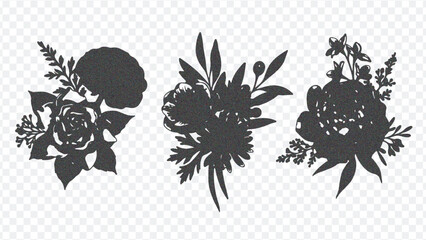Three distinct black floral bouquet silhouettes with varying shapes and intricate details, perfect for decorative art and design projects.