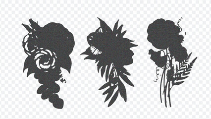 Three distinct black floral silhouettes with intricate designs, perfect for artistic projects, decor, or digital use. High contrast.