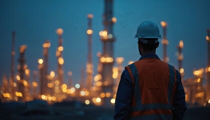 Worker in hard hat, safety vest views power plant at night. Factory lights glow in darkness. Engineer oversees complex operations, critical infrastructure. Man ensures security, utility functioning.
