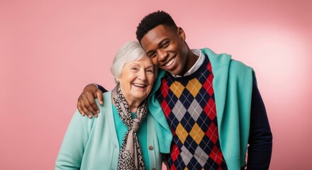 African young male and caucasian elderly female smiling together on pink background