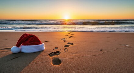Obraz premium A festive Santa hat left on the beach at sunset, blending holiday cheer with summer vibes.