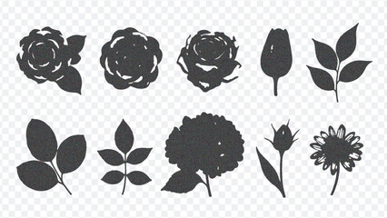 Nine distinct black floral silhouettes including roses, leaves, and buds, perfect for design and decoration projects.