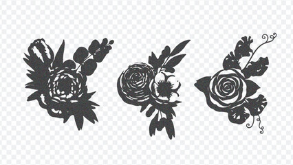 Three distinct black floral illustrations featuring roses and leaves, stylized with intricate details and elegant curves for artistic designs.