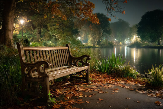 Night park scene with wooden bench on paved path surrounded by autumn leaves facing calm water reflecting streetlights and trees in misty atmosphere with copy space