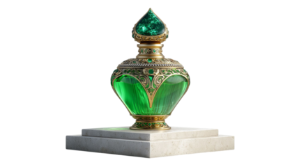 PNG of Elegant green glass perfume bottle with intricate gold detailing and a jewel-like stopper, sitting on a marble pedestal.