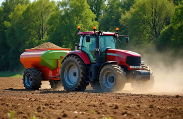 Obraz premium Red tractor applies fertilizer to soil. Agricultural machine spreads nutrient on field. Farmer works on arable land with automatic fertilizer spreader.