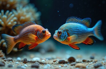 Fototapeta premium Two colorful cichlids face off in shallow reef water. One fish is bright orange and red, the other blue and green. They swim near sandy bottom and coral.