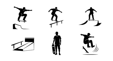 Dynamic skateboarding silhouettes capturing action and youth lifestyle, perfect for sports branding and urban culture