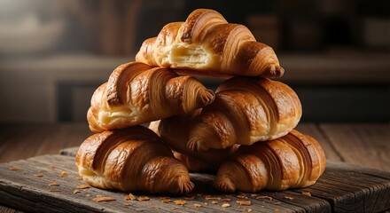 Stack of freshly baked croissants on a wooden table.