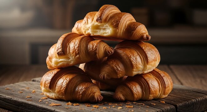 Stack of freshly baked croissants on a wooden table.