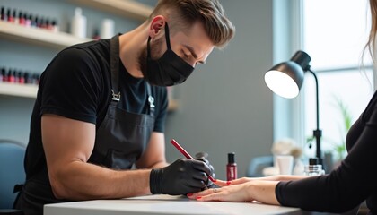 Pro nail technician in black face mask applying red gel polish to a client in beauty salon. Manicurist working on the manicure of a woman at the table under lamp light.