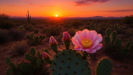 Desert sunset with blooming cactus.