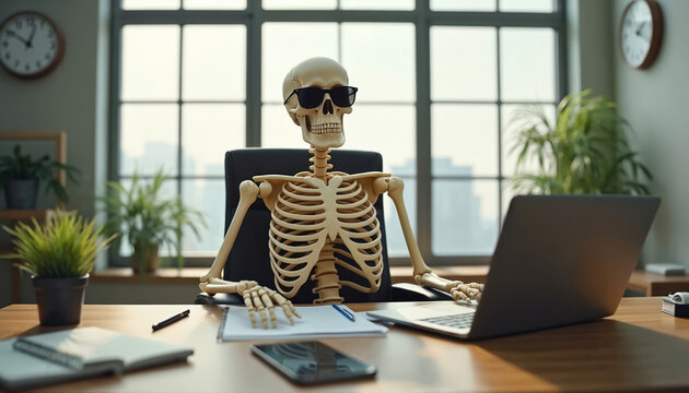 Skeleton businessman in sunglasses works on laptop at office desk. Dead employee sits in chair at modern workplace. Dark humor metaphor for corporate burnout, overtime stress, workaholic culture, - Powered by Adobe