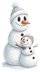 Snowman hugging small snowman with cheerful expression on white background