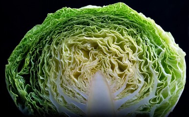 Fototapeta premium Fresh Green Cabbage Cut in Half Showing Detailed Layers and Texture of Vegetable