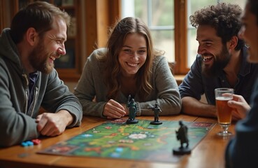 Fototapeta premium Friends have good time playing board game at table. Happy young adults gather, enjoying drinks and entertainment indoors. People laugh, share fun in friendly, cheerful gathering with boardgame.