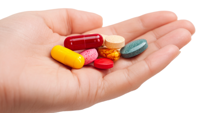 Hand holding various colorful pills and supplements on a plain white background, showcasing the diversity in sizes, shapes, and colors of health products