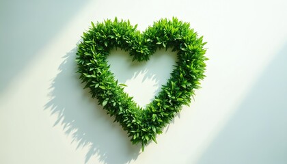 Green leafy heart shape on white background. Symbol of nature and love. Photo represents wellness spa experience. Illustration for eco topics. Nature themed design for health promotion.