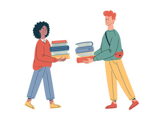 Diverse people donating and swapping books. Promotes eco-lifestyle, second-hand culture, and mindful consumption. Simple vector design for green education themes