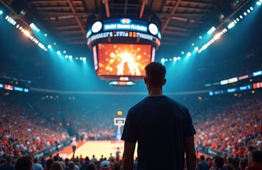 Man watches basketball game on huge screen inside crowded arena. Thousands of spectators fill seats, cheering for team. Bright stadium lights illuminate court below. Fans experience intense live