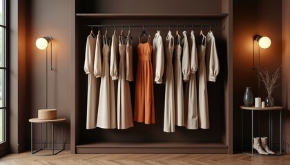 Neatly arranged dresses, shirts hang on rack in modern walk-in closet. Selection features neutral tones, one orange dress. Minimalist decor enhances sophisticated showroom ambiance. Clothes selection