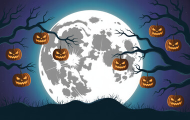 Halloween pumpkins hanging from bare branches against a full moon spooky vector illustration for holiday backgrounds and designs
