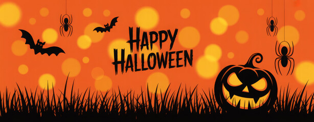 Happy Halloween banner with pumpkin bats and spiders a spooky vector illustration for seasonal greetings and party invitations