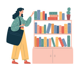 Young woman with big tote bag by a free library shelf. Concept of knowledge sharing, eco lifestyle, and cultural connection through books. Modern minimalist design.