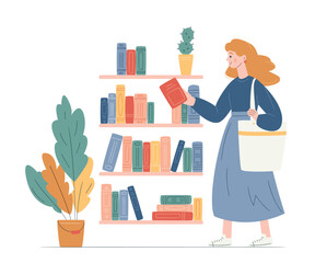 Young woman with big tote bag standing near a public book exchange shelf, holding a book with a smile. Flat modern design symbolizing reading culture and community sharing