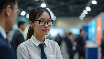Focused young woman in glasses at job fair event. Business attire pro interacts with someone. Career event interview setting. Networking and recruitment concept.
