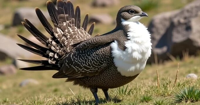Majestic Andean Goose strutting across grassy field, feathers ruffled by gentle breeze