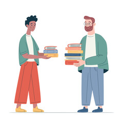 Diverse people sharing and donating books in a cultural event. Symbolic concept of knowledge exchange, charity, and learning culture. Modern flat vector illustration. Exchange, donation, buying books.