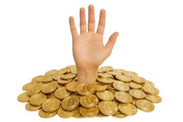 Hands reaching out from a pile of gold coins symbolizing wealth and financial aspiration in a dramatic and conceptual representation