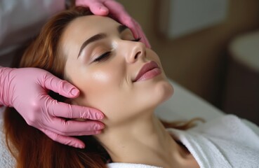 Fototapeta premium Professional cosmetologist performs facial massage on a relaxed woman in a spa. Client enjoys a gentle beauty treatment for skin rejuvenation and relaxation. Hands in pink gloves provide care.