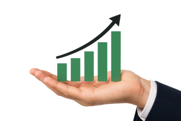 Business growth represented with a hand holding a rising graph, illustrating success and progress in today's competitive market environment