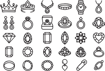Jewelry and Gemstone Outline Icons Collection