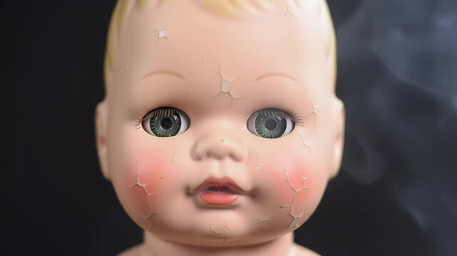 Close-up of a vintage doll with cracked face on a black backdrop for horror or nostalgic content