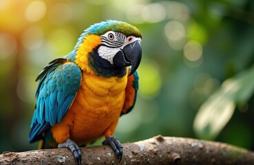 Obraz premium Colorful macaw perched on a branch in a lush green environment