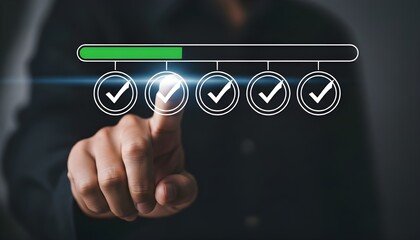 A hand points to a checkmark on a digital screen, showing a partially completed task with a progress bar, representing ongoing work
