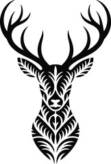 Intricate tribal deer head silhouette with majestic antlers and decorative patterns on a white background