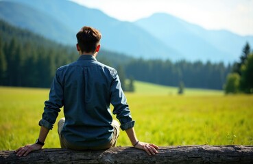 A man sitting on a log in a lush green field overlooking mountains and forest