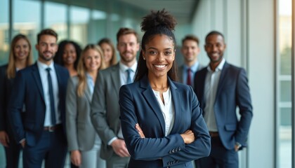 Diverse group of professionals stand confidently in modern office lobby. Wear business attire. Woman in foreground with arms crossed smiles at camera. People represent urban work environment.