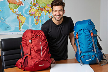 Happy young man with large backpacks ready for a travel adventure, standing in front of a world map. Friends planning a backpacking trip or gap year, representing tourism, journey, and friendship
