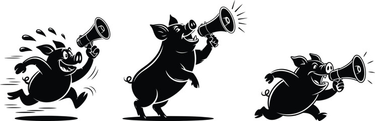 Three energetic abstract black ink silhouette figures in dynamic poses with splashes and motion blur effects on a white background silhouette