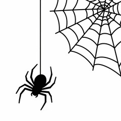 Hanging Spider Silhouette and Cobweb Corner Graphic Element. Spooky Halloween Vector Illustration for Decoration and Backgrounds.